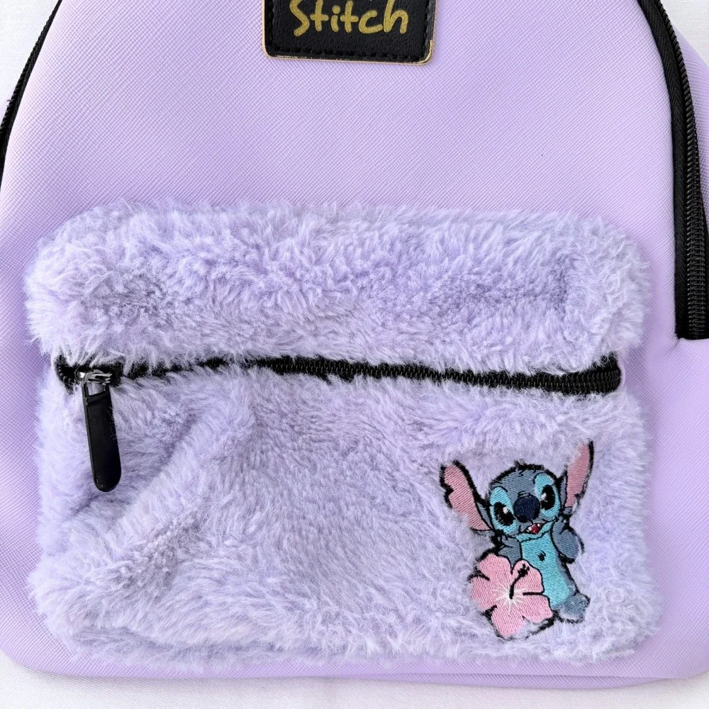 Disney Lilo & Stitch Mini Backpack Purple Furry Plush Pocket Embroidered Stitch